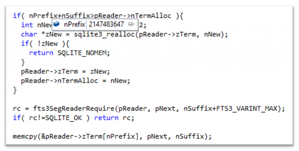 vulnerable SQLite code in the stack frame above the memcpy() crash