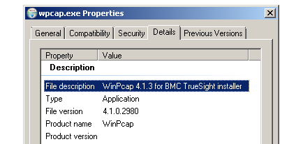 Figure 18 – WinPcap.exe file properties reveals that it was taken from the BMC TrueSight Installer
