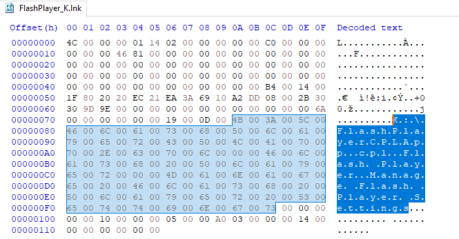 Figure 30 – Content of .lnk file FlashPlayer_K.lnk